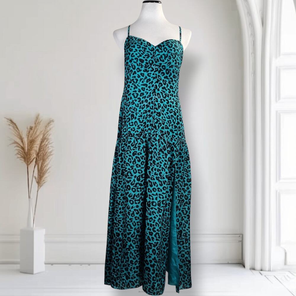 Michelle Mason 100% Silk Leopard Print Maxi Dress Open Back Teal Resort 8